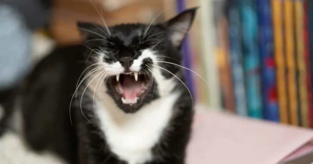 black and white cat sneezing